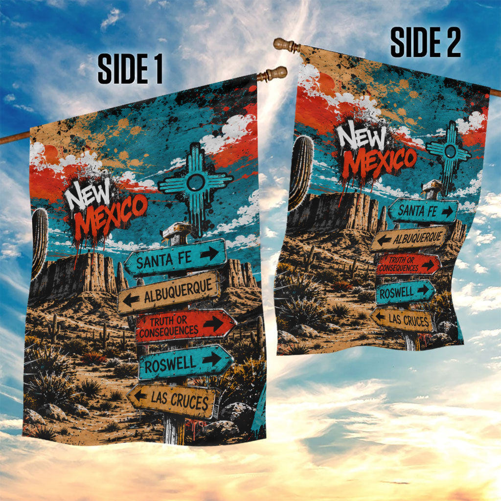 New Mexico Desert Road Sign Garden Flag Zia Symbol Grunge Paint Splatter Travel Graphic