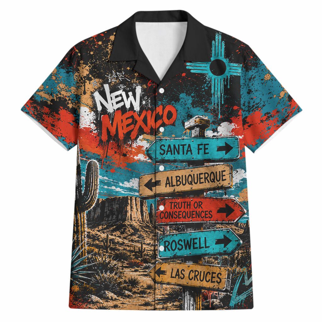New Mexico Desert Road Sign Hawaiian Shirt Zia Symbol Grunge Paint Splatter Travel Graphic