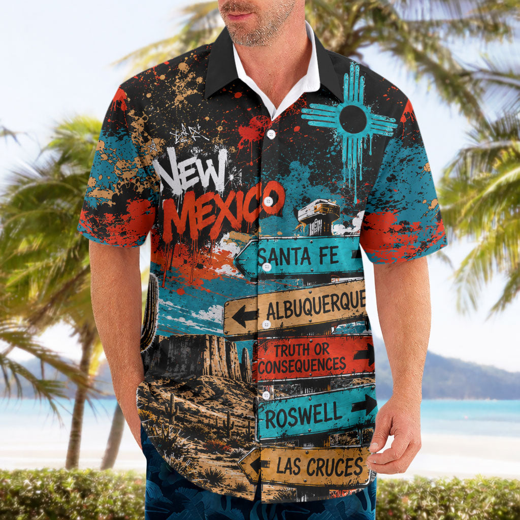 New Mexico Desert Road Sign Hawaiian Shirt Zia Symbol Grunge Paint Splatter Travel Graphic
