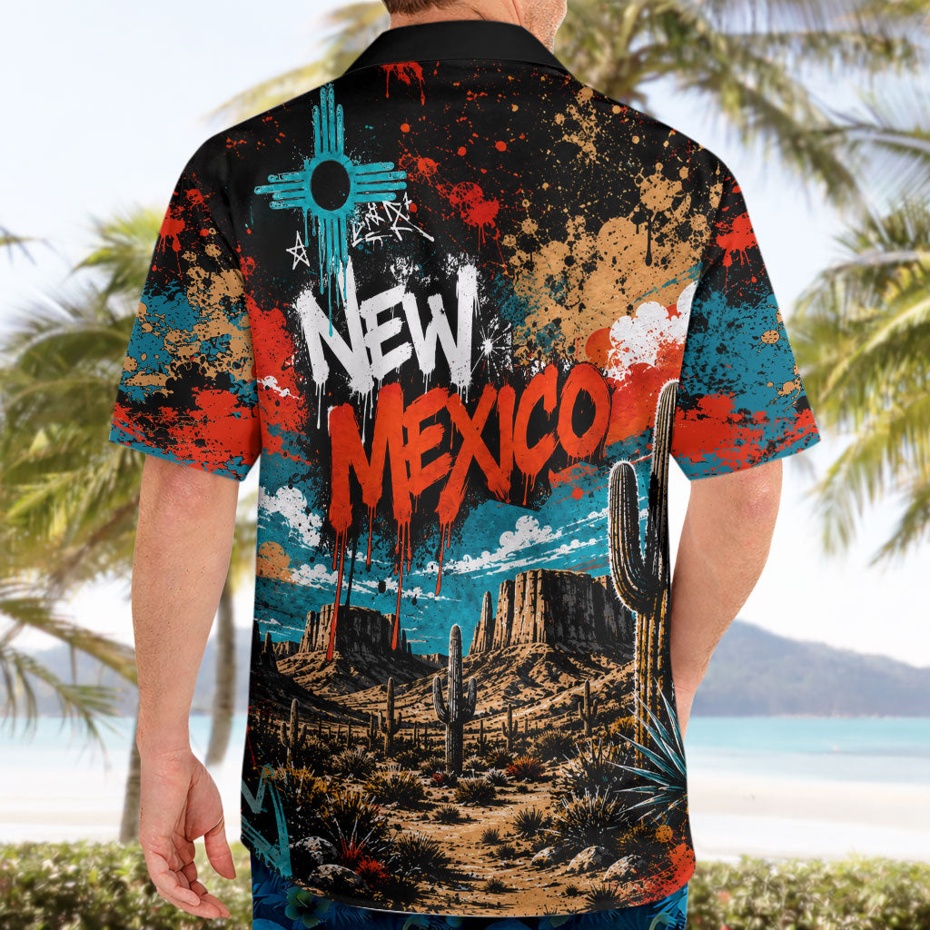 New Mexico Desert Road Sign Hawaiian Shirt Zia Symbol Grunge Paint Splatter Travel Graphic