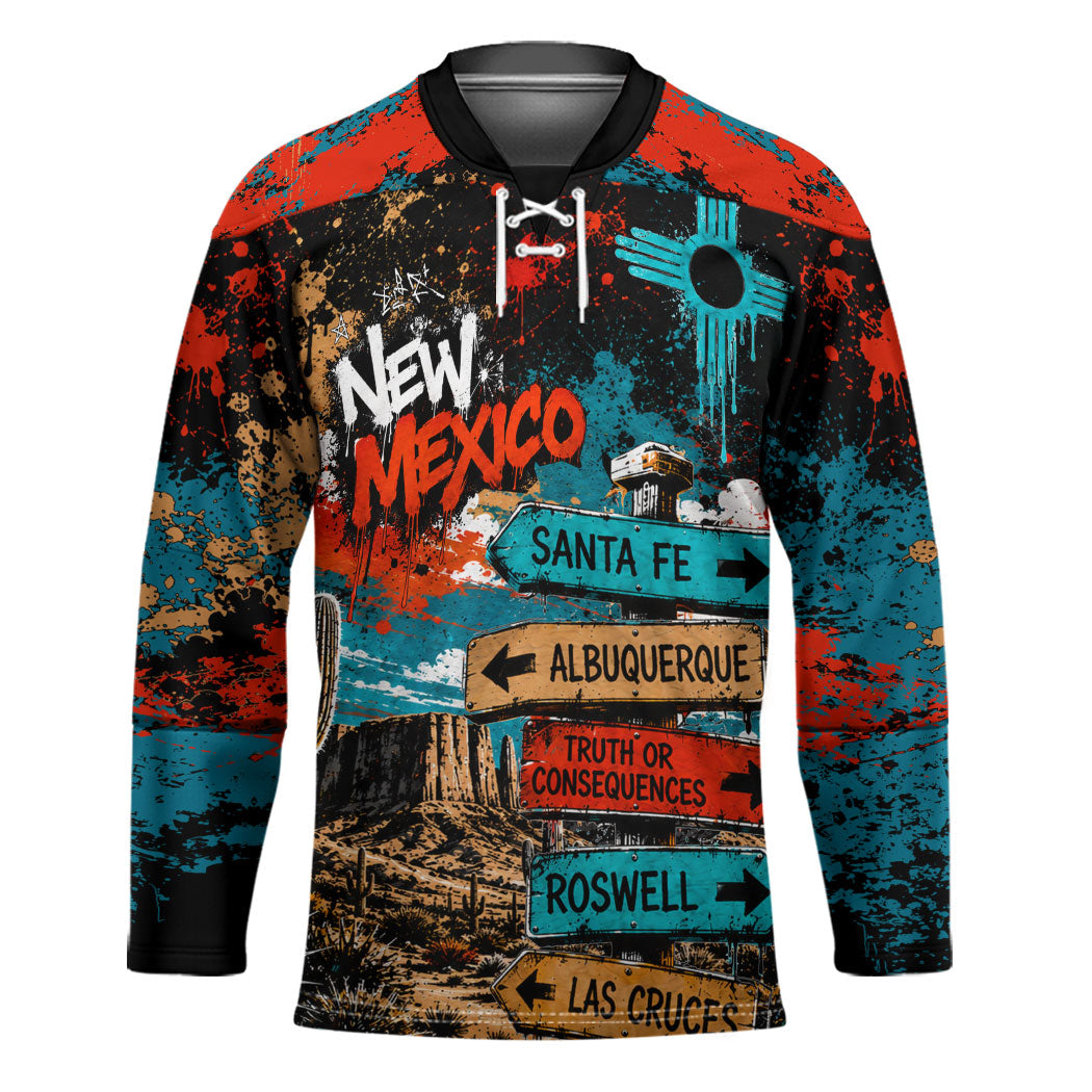 New Mexico Desert Road Sign Hockey Jersey Zia Symbol Grunge Paint Splatter Travel Graphic