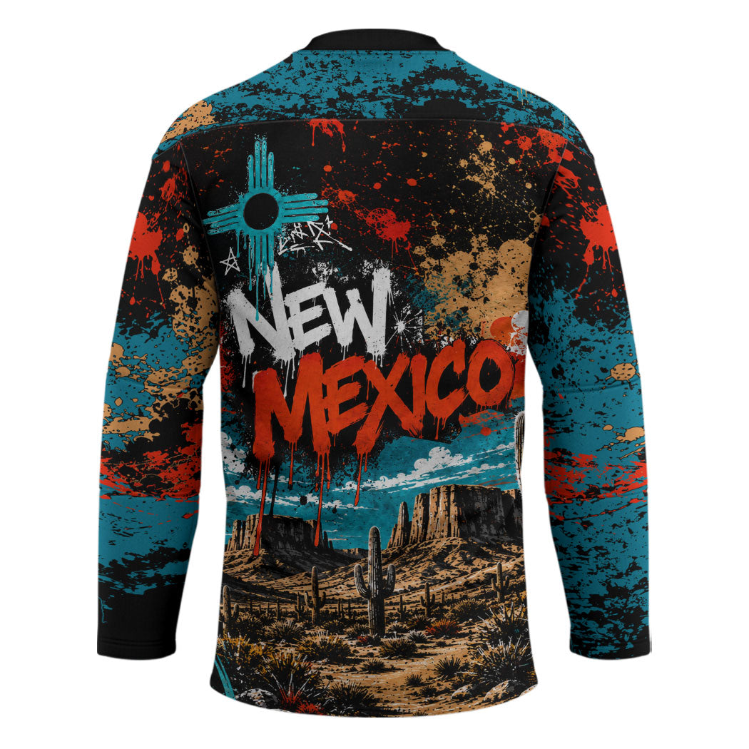New Mexico Desert Road Sign Hockey Jersey Zia Symbol Grunge Paint Splatter Travel Graphic