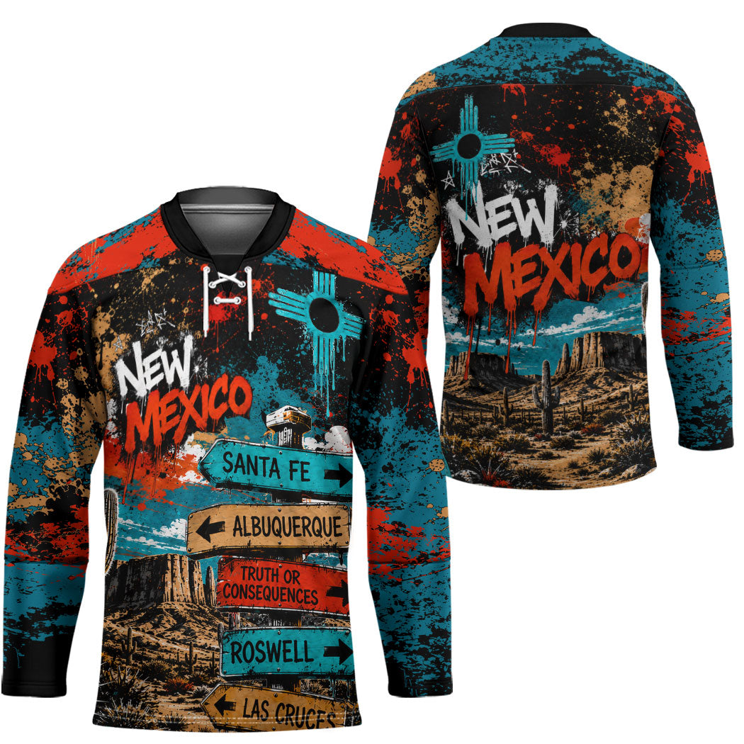 New Mexico Desert Road Sign Hockey Jersey Zia Symbol Grunge Paint Splatter Travel Graphic