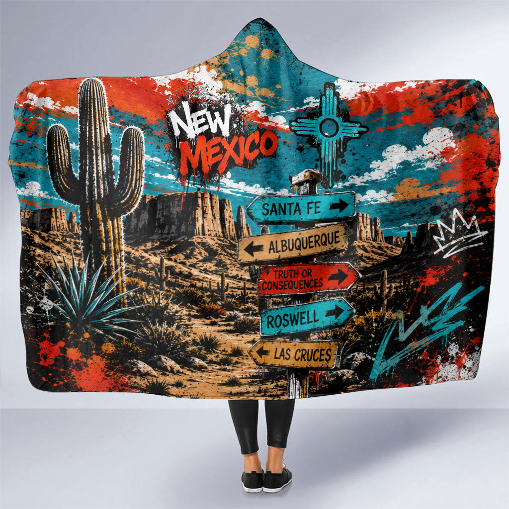 New Mexico Desert Road Sign Hooded Blanket Zia Symbol Grunge Paint Splatter Travel Graphic