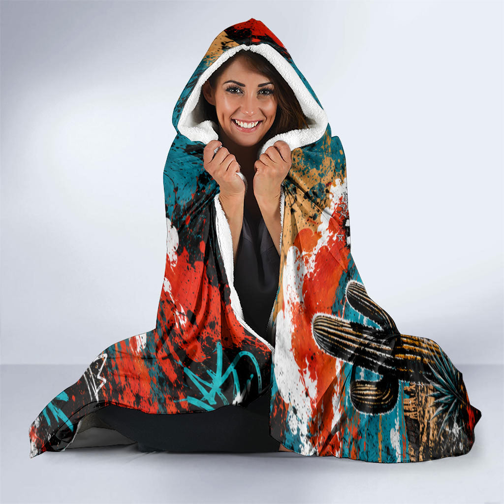 New Mexico Desert Road Sign Hooded Blanket Zia Symbol Grunge Paint Splatter Travel Graphic