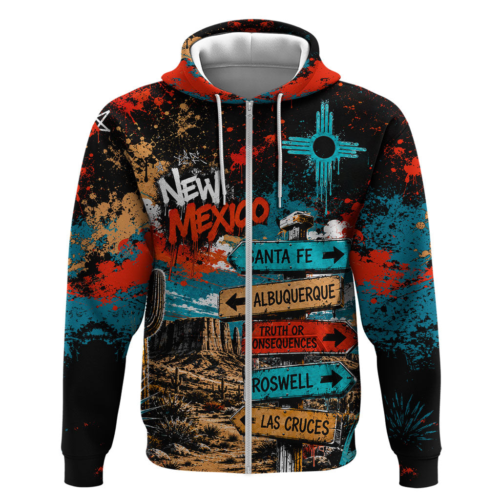 New Mexico Desert Road Sign Hoodie Zia Symbol Grunge Paint Splatter Travel Graphic