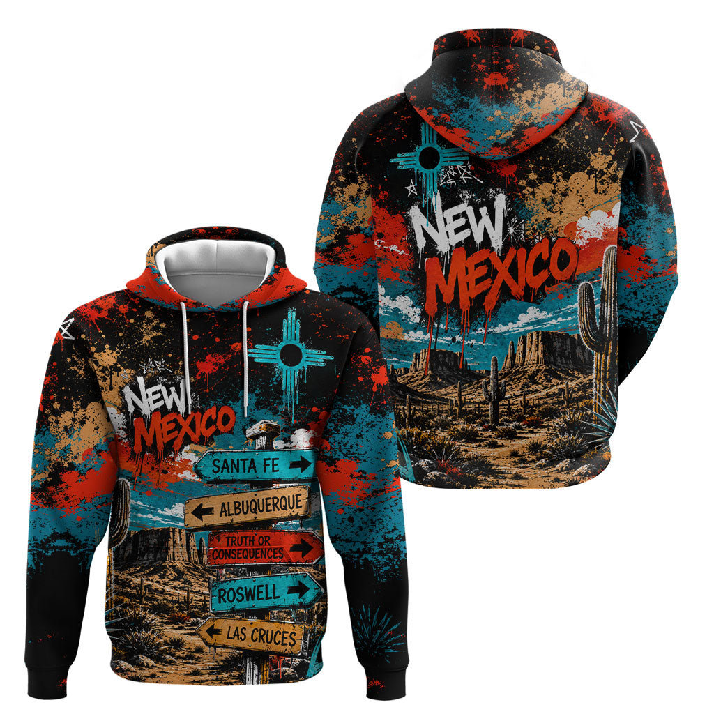 New Mexico Desert Road Sign Hoodie Zia Symbol Grunge Paint Splatter Travel Graphic