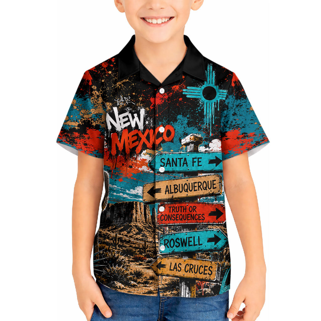 New Mexico Desert Road Sign Kid Hawaiian Shirt Zia Symbol Grunge Paint Splatter Travel Graphic