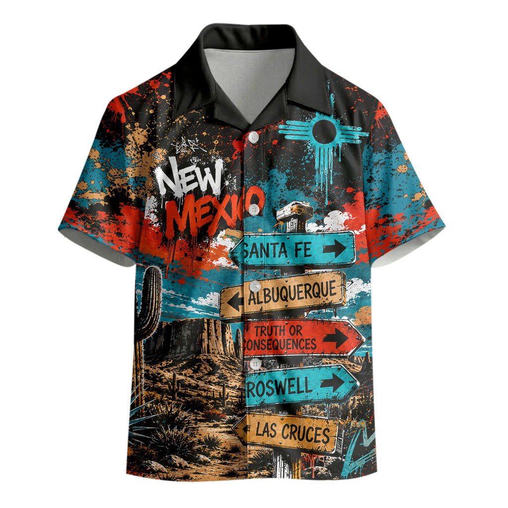 New Mexico Desert Road Sign Kid Hawaiian Shirt Zia Symbol Grunge Paint Splatter Travel Graphic