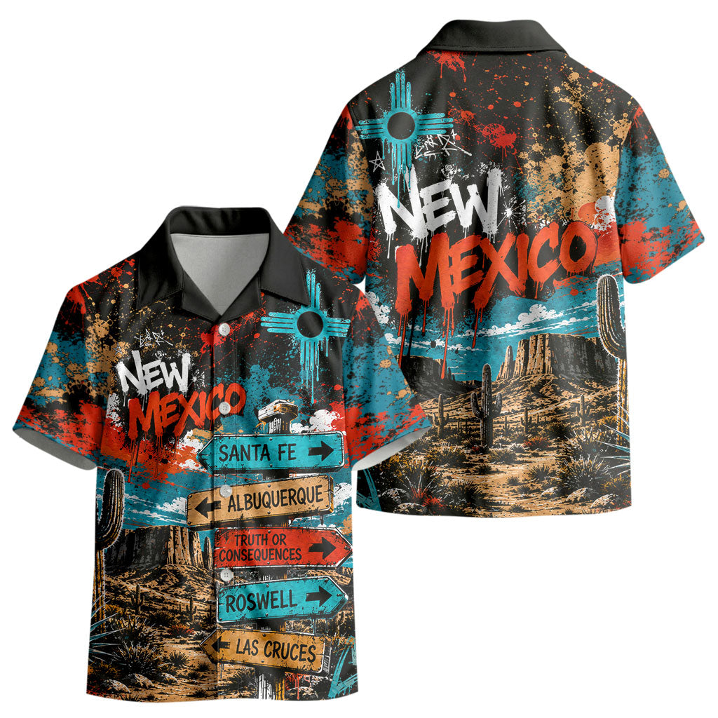 New Mexico Desert Road Sign Kid Hawaiian Shirt Zia Symbol Grunge Paint Splatter Travel Graphic