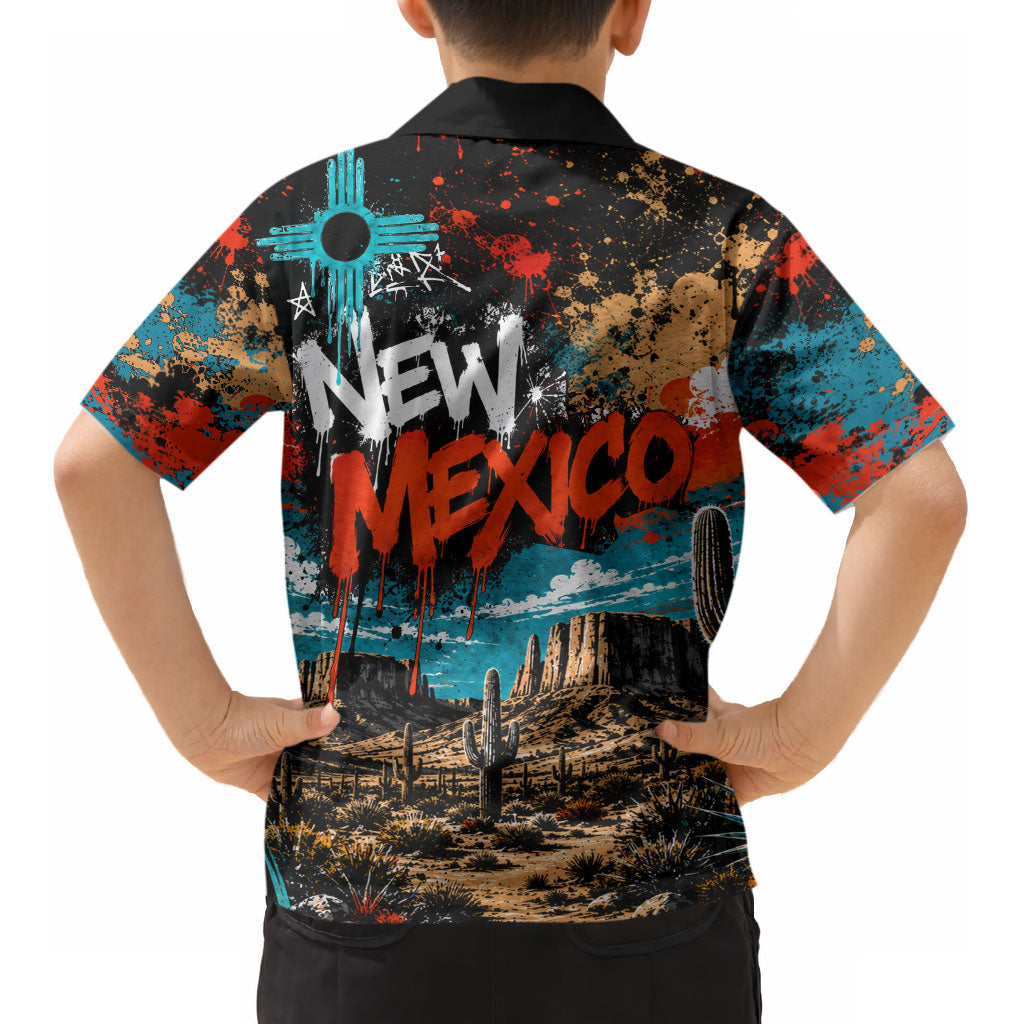 New Mexico Desert Road Sign Kid Hawaiian Shirt Zia Symbol Grunge Paint Splatter Travel Graphic