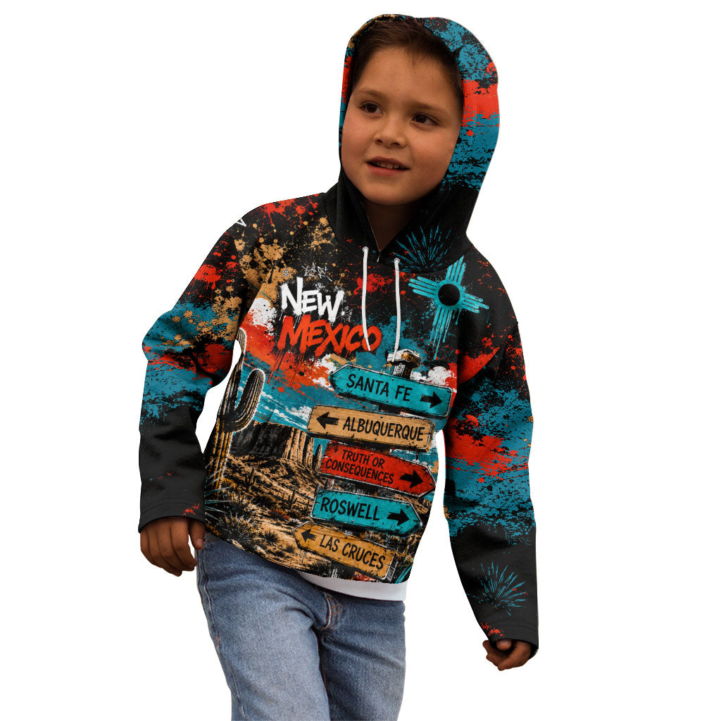 New Mexico Desert Road Sign Kid Hoodie Zia Symbol Grunge Paint Splatter Travel Graphic