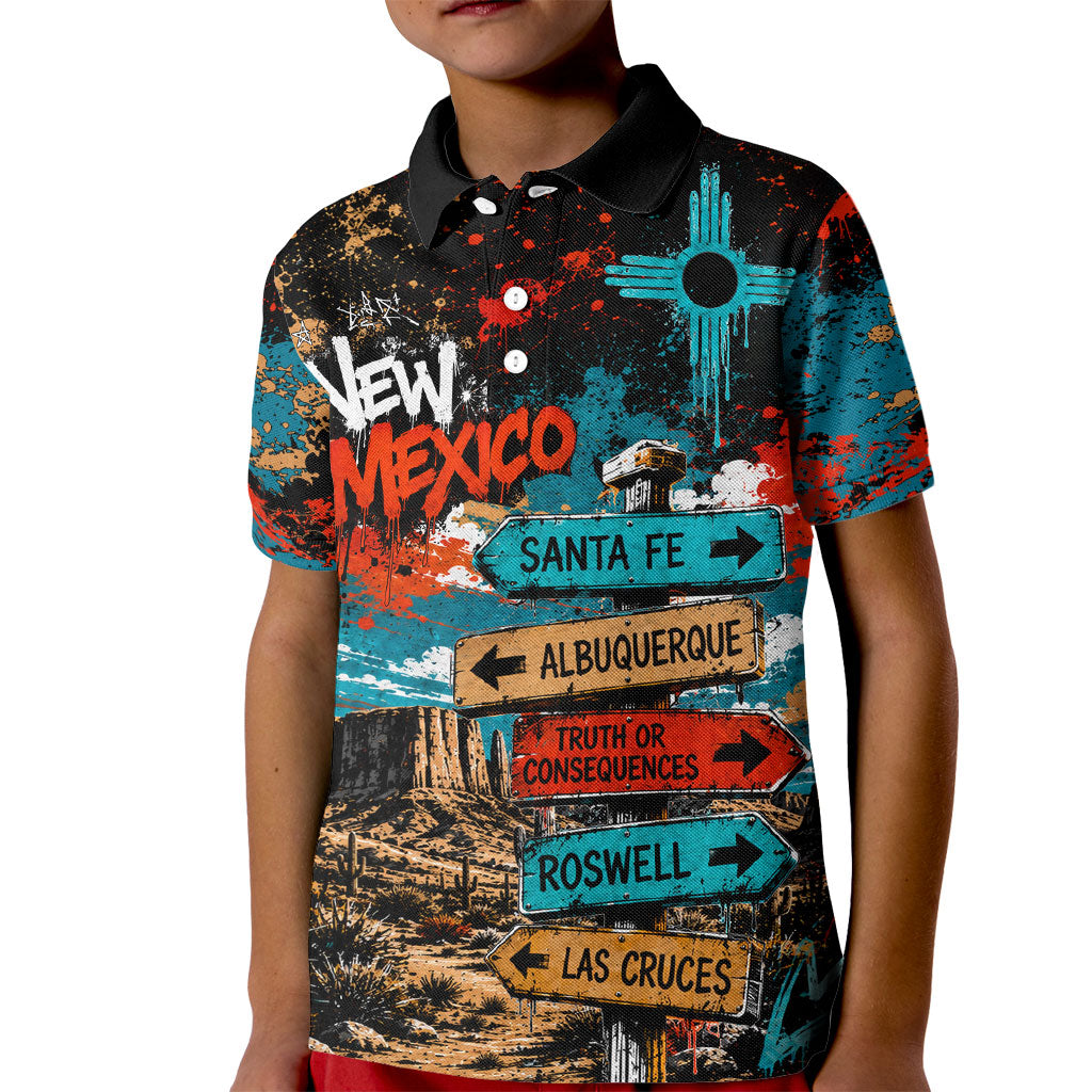 New Mexico Desert Road Sign Kid Polo Shirt Zia Symbol Grunge Paint Splatter Travel Graphic
