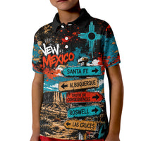 New Mexico Desert Road Sign Kid Polo Shirt Zia Symbol Grunge Paint Splatter Travel Graphic