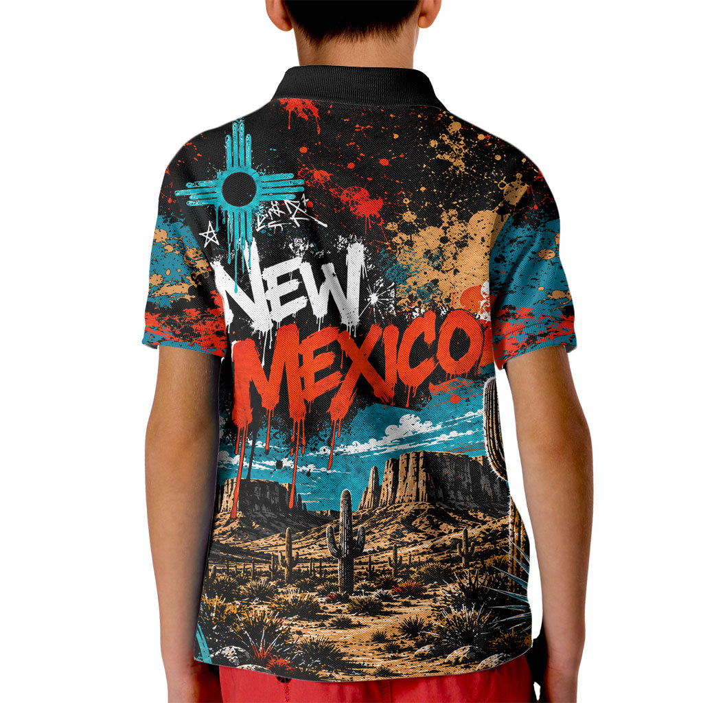 New Mexico Desert Road Sign Kid Polo Shirt Zia Symbol Grunge Paint Splatter Travel Graphic