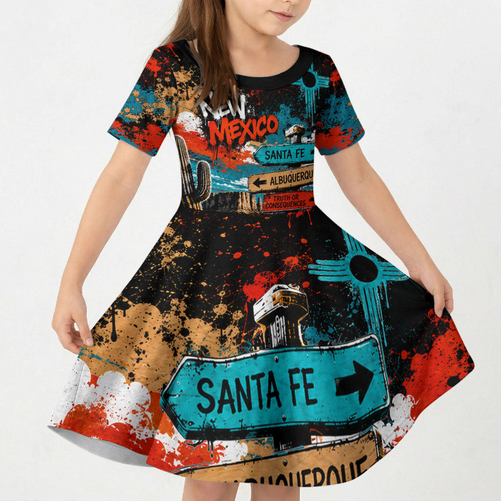 New Mexico Desert Road Sign Kid Short Sleeve Dress Zia Symbol Grunge Paint Splatter Travel Graphic