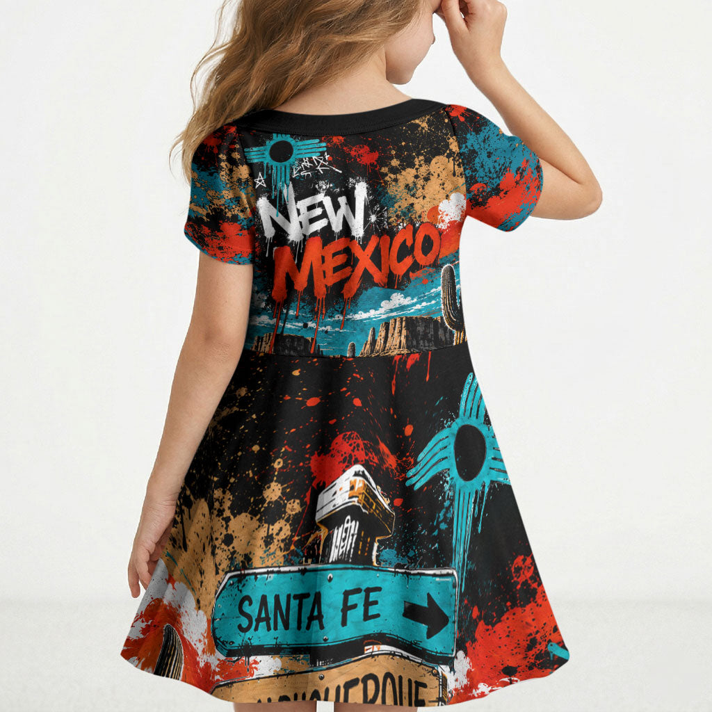 New Mexico Desert Road Sign Kid Short Sleeve Dress Zia Symbol Grunge Paint Splatter Travel Graphic