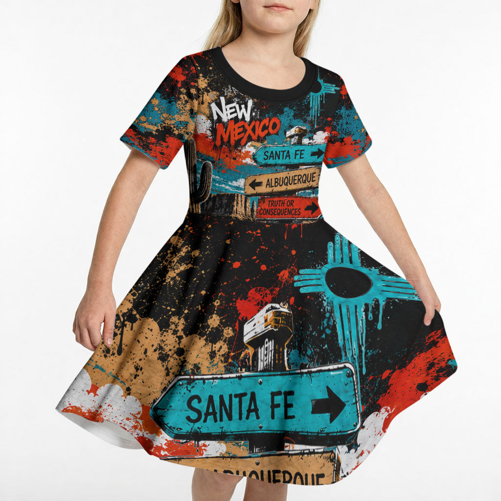 New Mexico Desert Road Sign Kid Short Sleeve Dress Zia Symbol Grunge Paint Splatter Travel Graphic