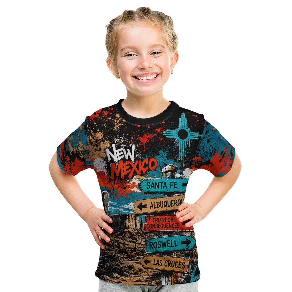 New Mexico Desert Road Sign Kid T Shirt Zia Symbol Grunge Paint Splatter Travel Graphic