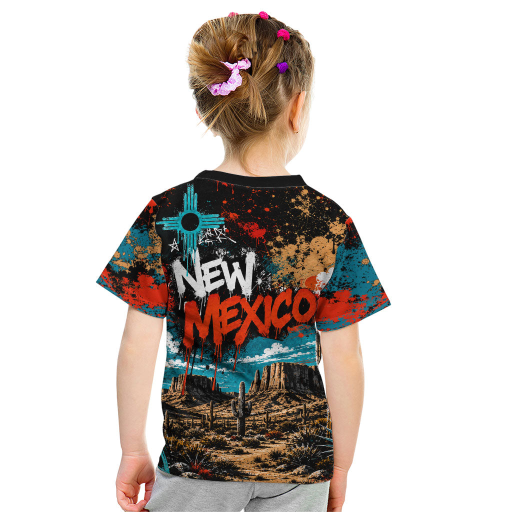 New Mexico Desert Road Sign Kid T Shirt Zia Symbol Grunge Paint Splatter Travel Graphic