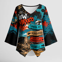 New Mexico Desert Road Sign Kimono Sleeve Blouse Zia Symbol Grunge Paint Splatter Travel Graphic