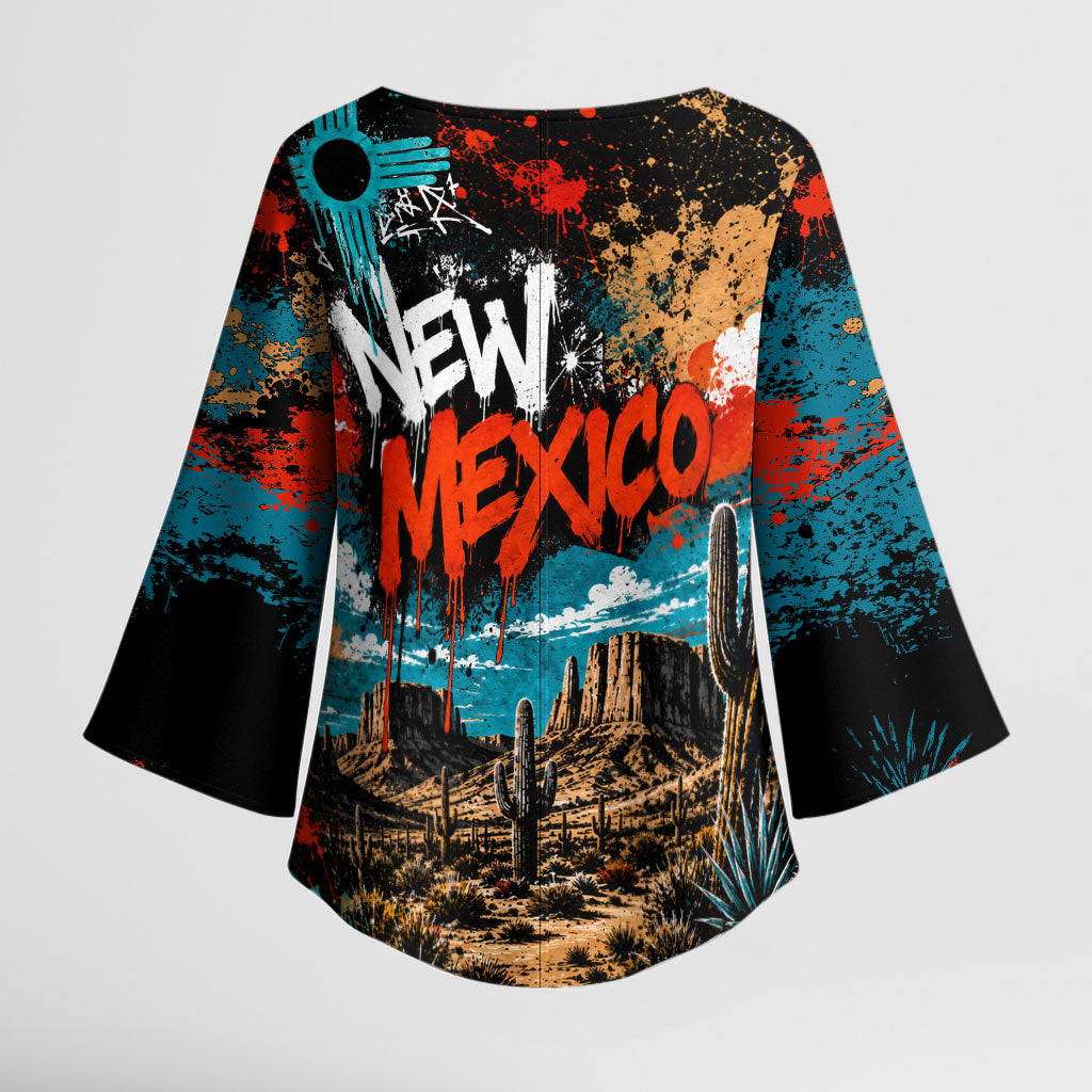 New Mexico Desert Road Sign Kimono Sleeve Blouse Zia Symbol Grunge Paint Splatter Travel Graphic