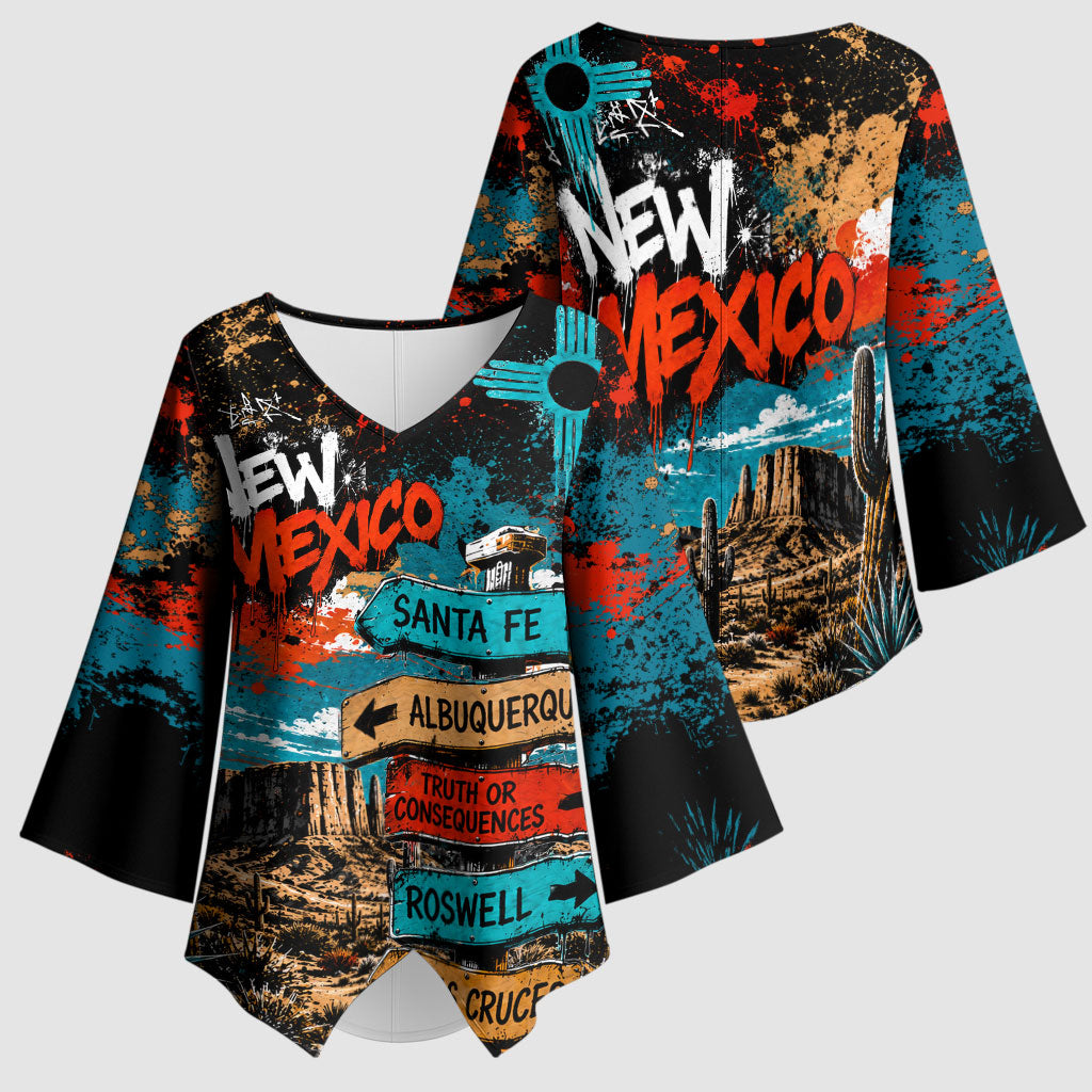 New Mexico Desert Road Sign Kimono Sleeve Blouse Zia Symbol Grunge Paint Splatter Travel Graphic