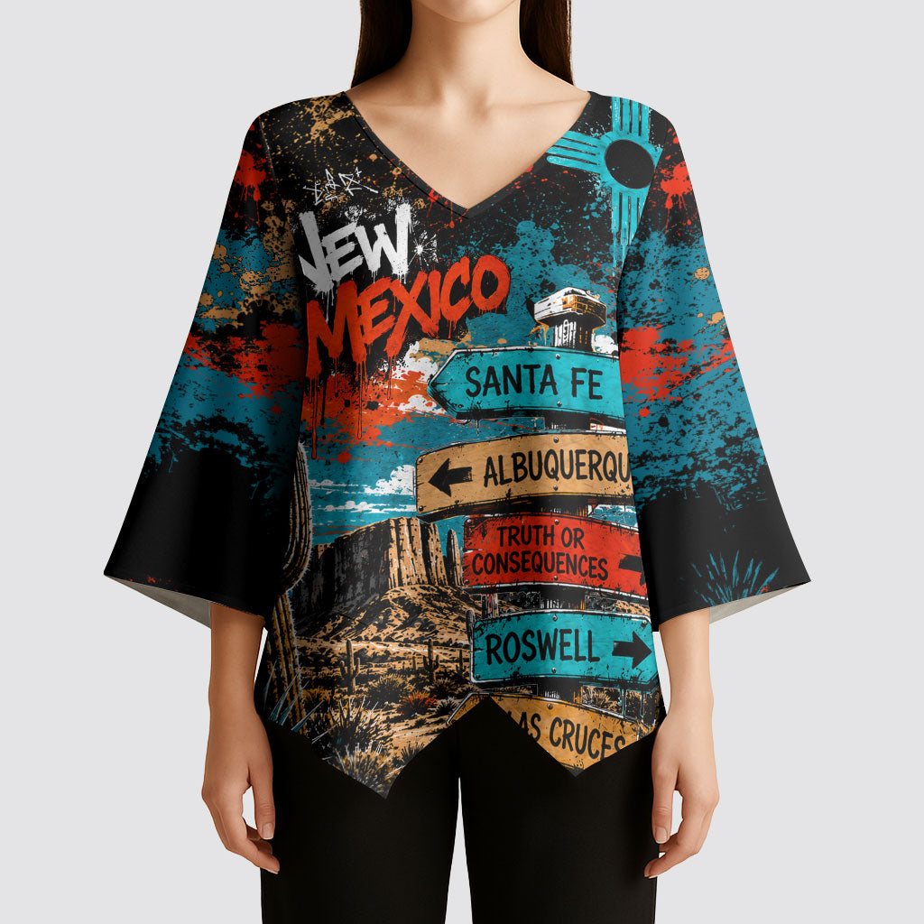 New Mexico Desert Road Sign Kimono Sleeve Blouse Zia Symbol Grunge Paint Splatter Travel Graphic