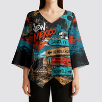 New Mexico Desert Road Sign Kimono Sleeve Blouse Zia Symbol Grunge Paint Splatter Travel Graphic