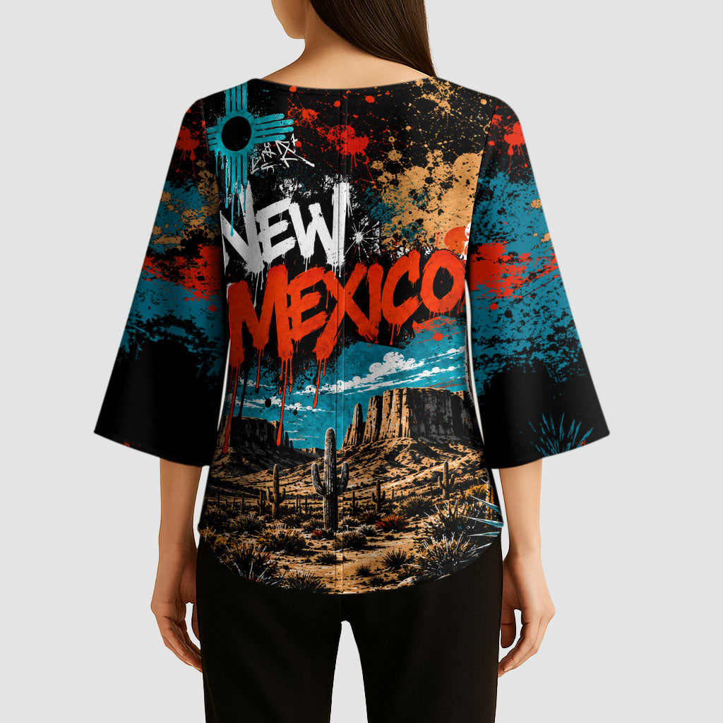 New Mexico Desert Road Sign Kimono Sleeve Blouse Zia Symbol Grunge Paint Splatter Travel Graphic