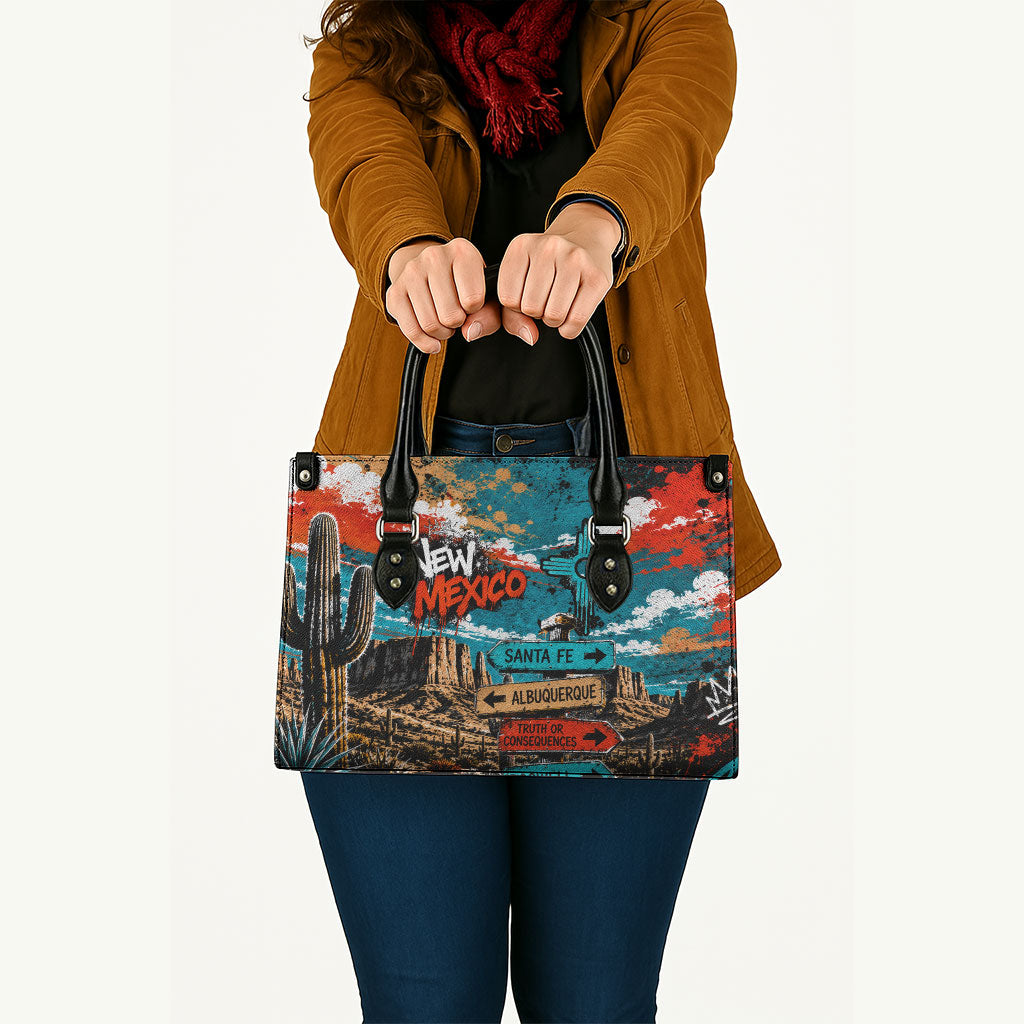 New Mexico Desert Road Sign Leather Bag Zia Symbol Grunge Paint Splatter Travel Graphic