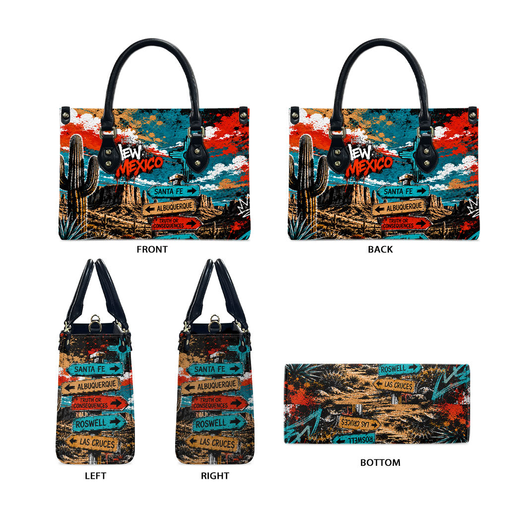 New Mexico Desert Road Sign Leather Bag Zia Symbol Grunge Paint Splatter Travel Graphic