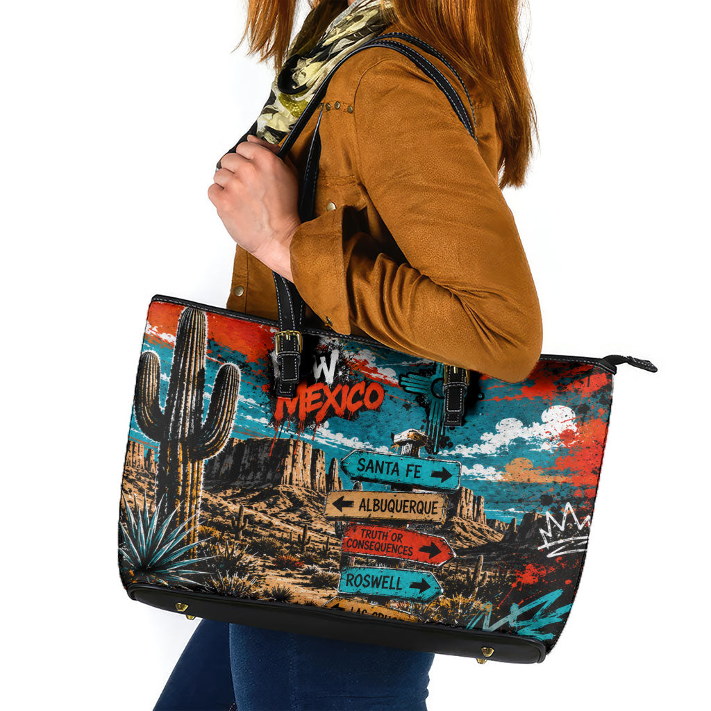 New Mexico Desert Road Sign Leather Tote Bag Zia Symbol Grunge Paint Splatter Travel Graphic