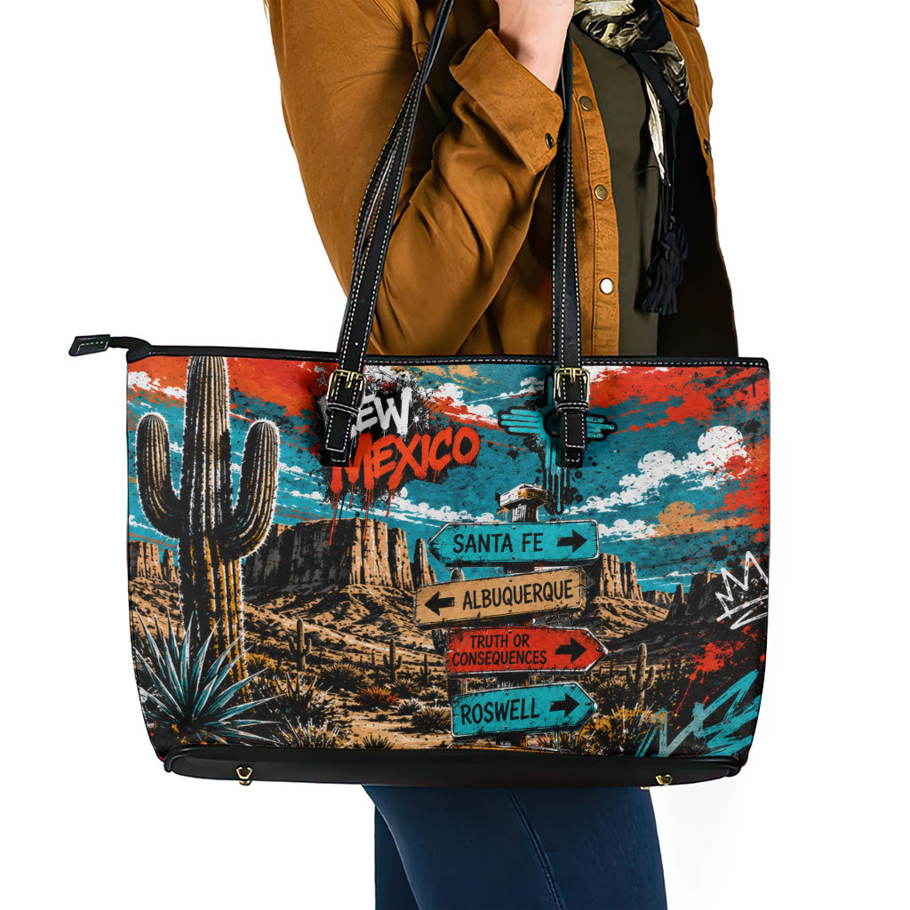 New Mexico Desert Road Sign Leather Tote Bag Zia Symbol Grunge Paint Splatter Travel Graphic