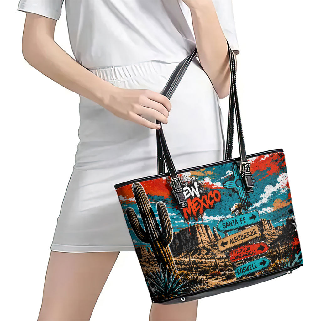 New Mexico Desert Road Sign Leather Tote Bag Zia Symbol Grunge Paint Splatter Travel Graphic