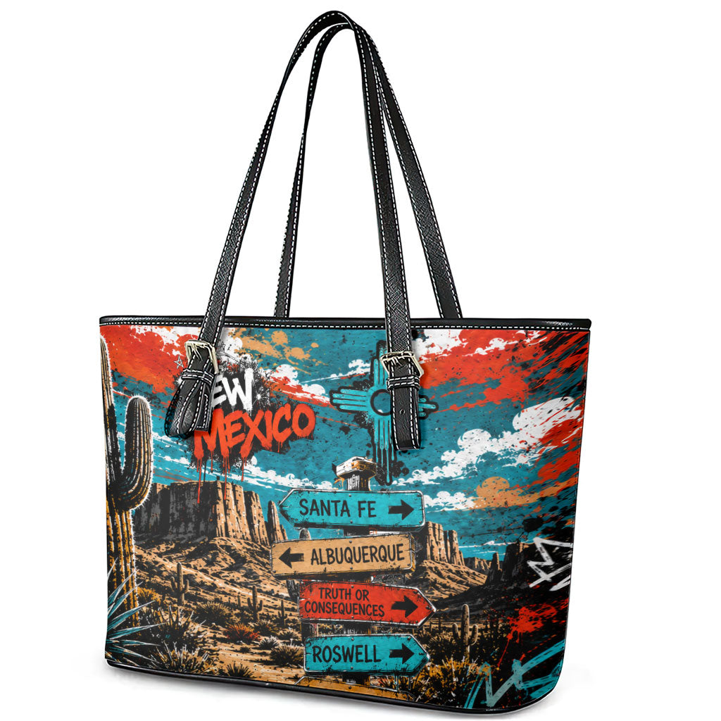 New Mexico Desert Road Sign Leather Tote Bag Zia Symbol Grunge Paint Splatter Travel Graphic