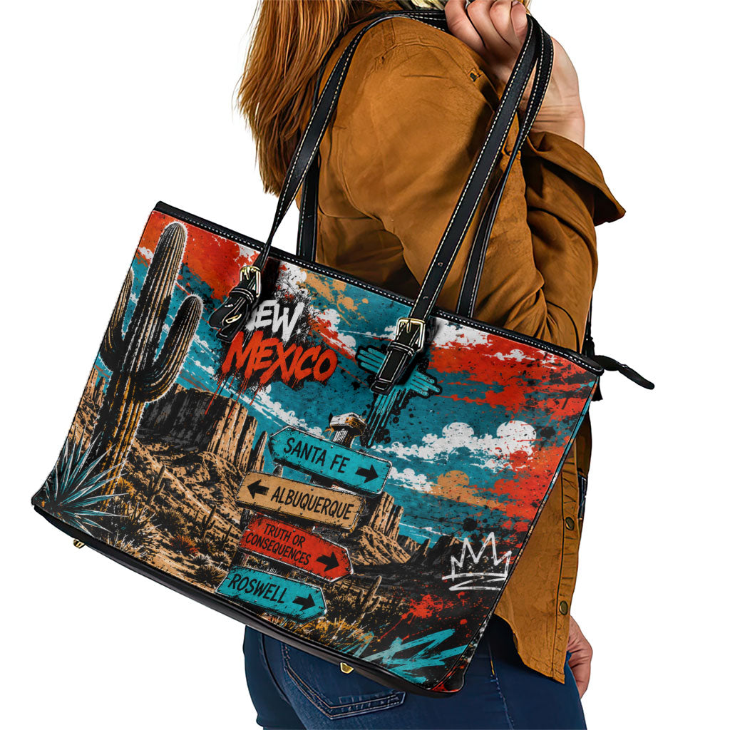 New Mexico Desert Road Sign Leather Tote Bag Zia Symbol Grunge Paint Splatter Travel Graphic