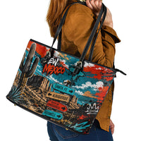 New Mexico Desert Road Sign Leather Tote Bag Zia Symbol Grunge Paint Splatter Travel Graphic