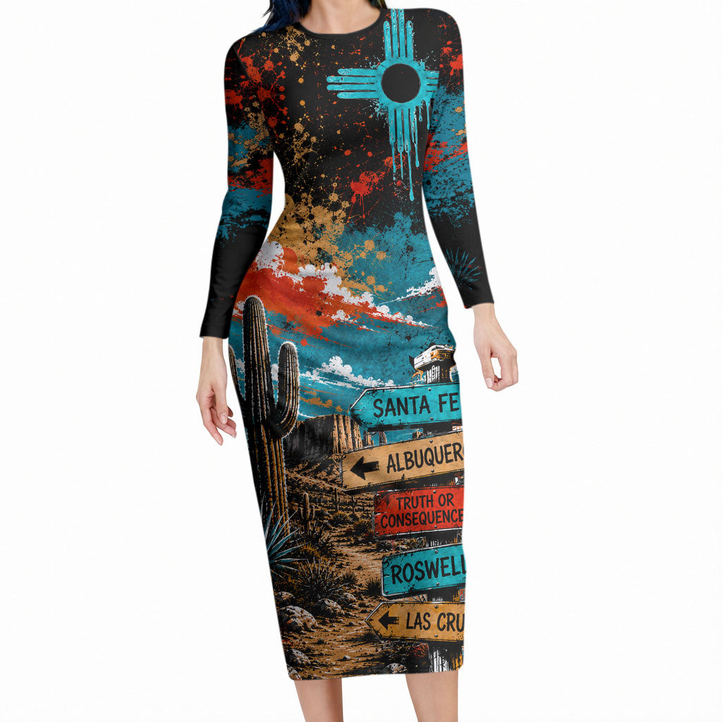 New Mexico Desert Road Sign Long Sleeve Bodycon Dress Zia Symbol Grunge Paint Splatter Travel Graphic
