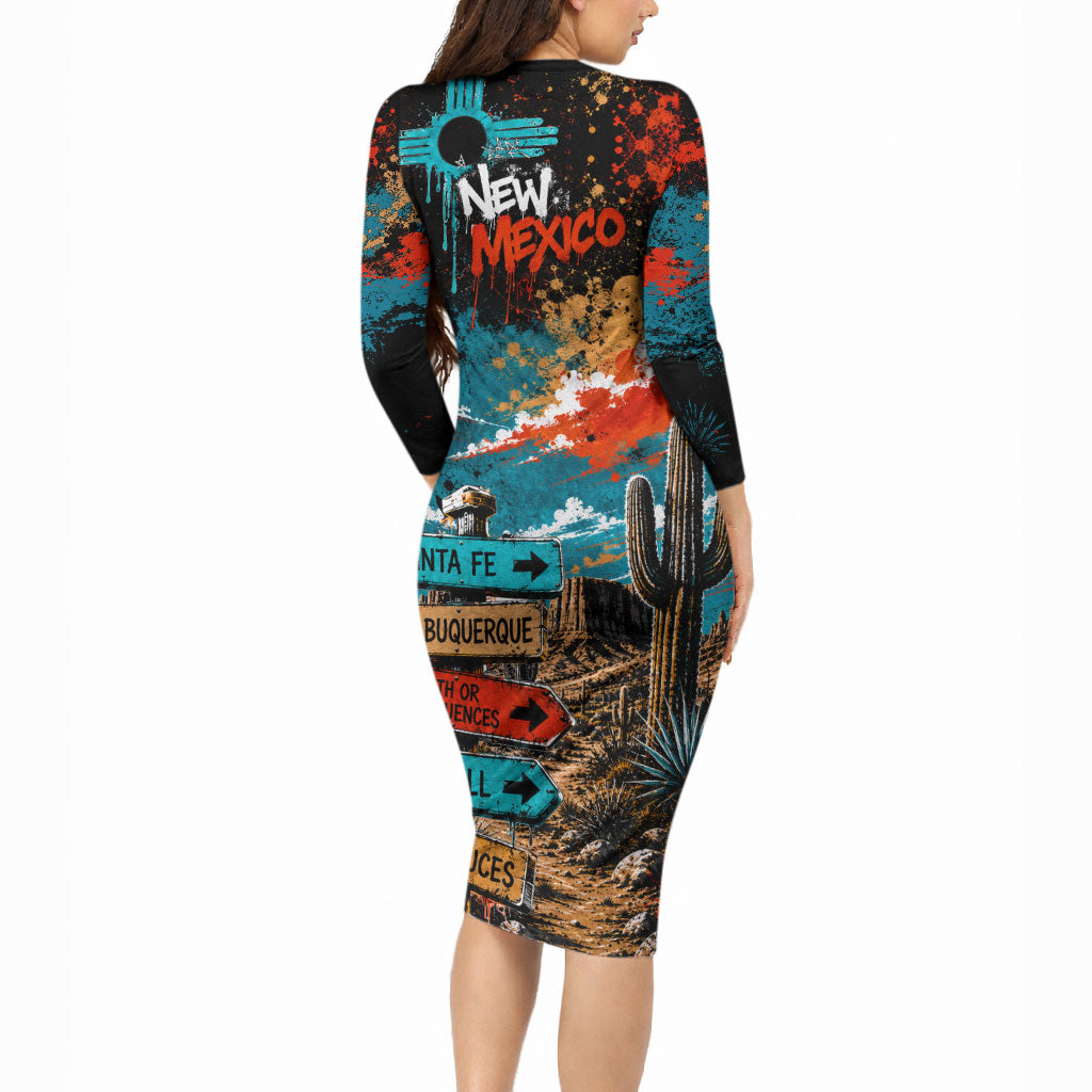 New Mexico Desert Road Sign Long Sleeve Bodycon Dress Zia Symbol Grunge Paint Splatter Travel Graphic