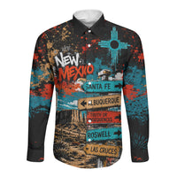 New Mexico Desert Road Sign Long Sleeve Button Shirt Zia Symbol Grunge Paint Splatter Travel Graphic
