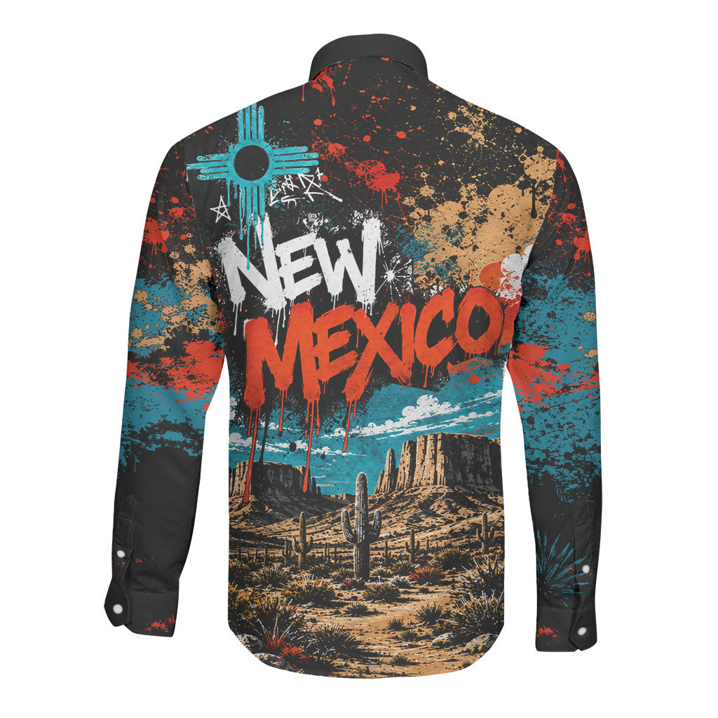 New Mexico Desert Road Sign Long Sleeve Button Shirt Zia Symbol Grunge Paint Splatter Travel Graphic