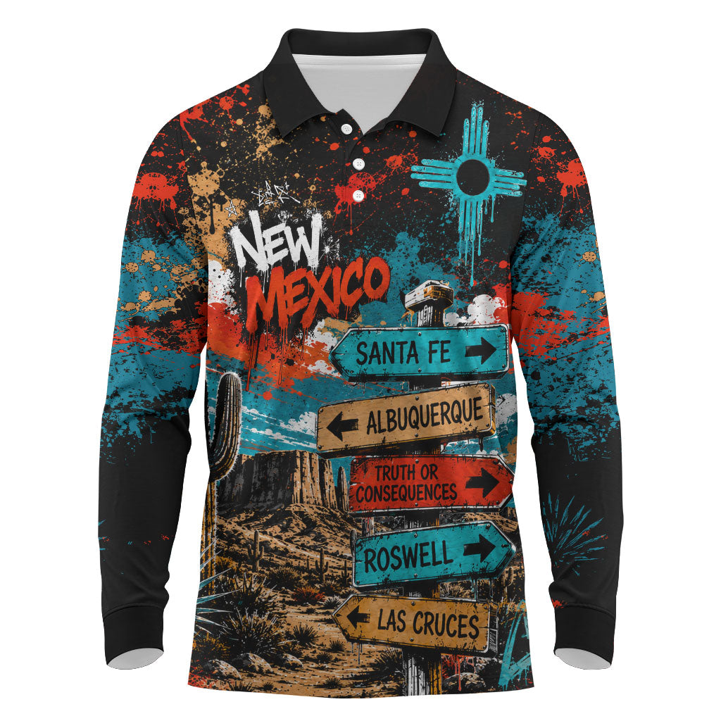 New Mexico Desert Road Sign Long Sleeve Polo Shirt Zia Symbol Grunge Paint Splatter Travel Graphic