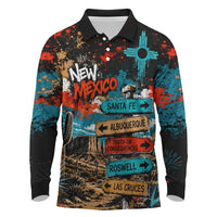 New Mexico Desert Road Sign Long Sleeve Polo Shirt Zia Symbol Grunge Paint Splatter Travel Graphic