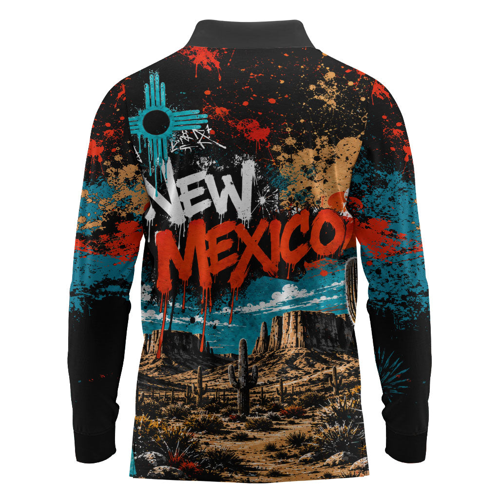 New Mexico Desert Road Sign Long Sleeve Polo Shirt Zia Symbol Grunge Paint Splatter Travel Graphic