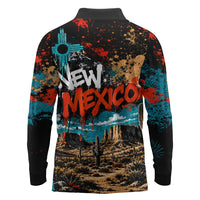 New Mexico Desert Road Sign Long Sleeve Polo Shirt Zia Symbol Grunge Paint Splatter Travel Graphic