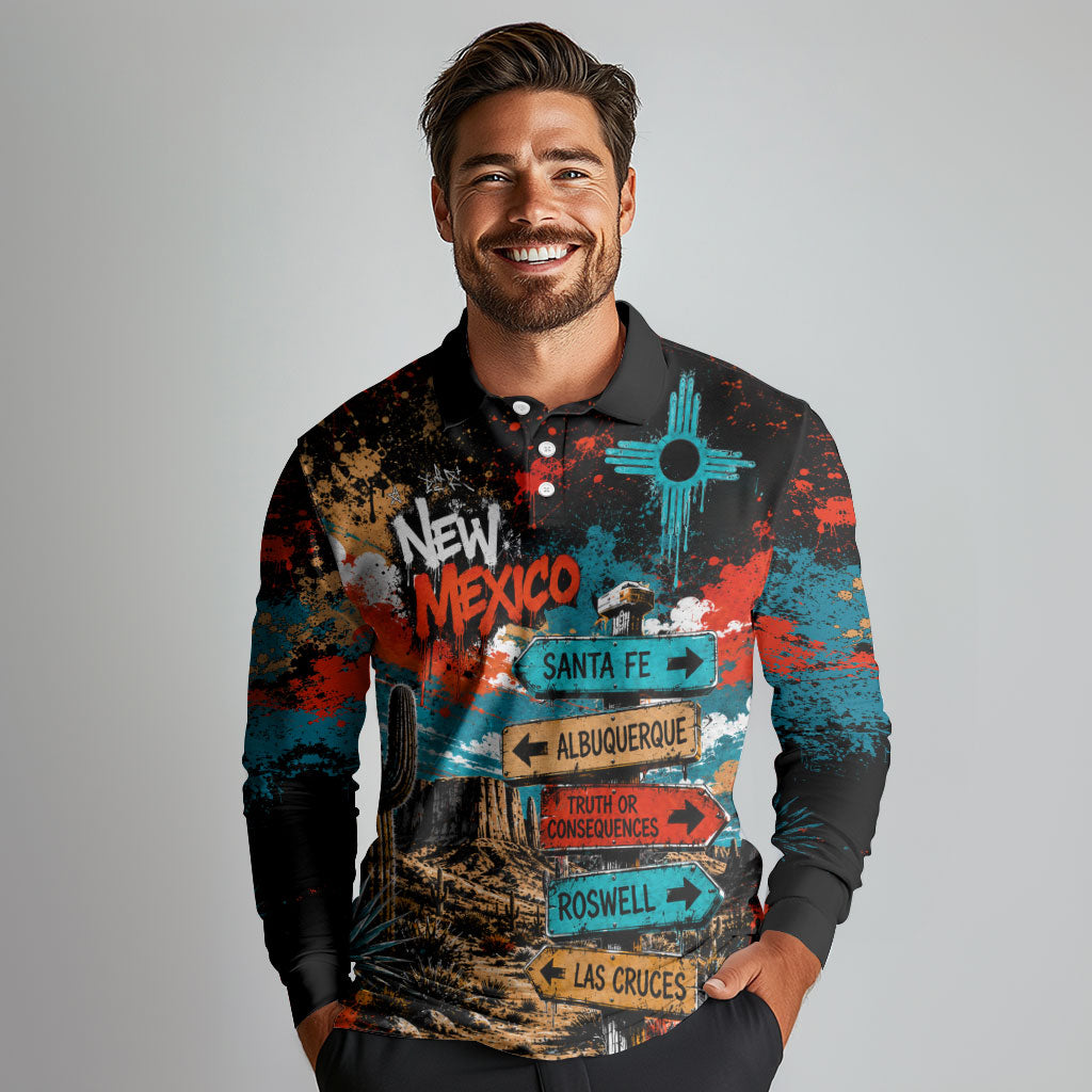 New Mexico Desert Road Sign Long Sleeve Polo Shirt Zia Symbol Grunge Paint Splatter Travel Graphic