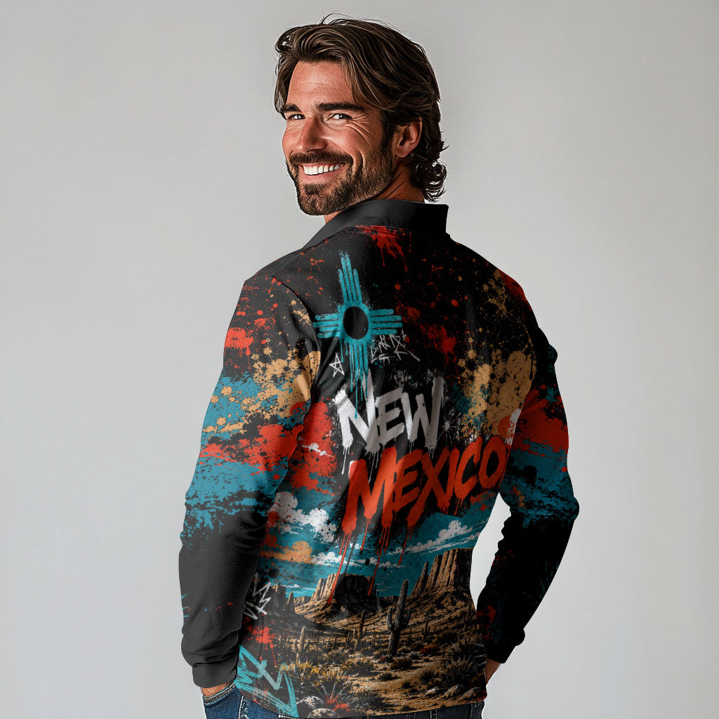 New Mexico Desert Road Sign Long Sleeve Polo Shirt Zia Symbol Grunge Paint Splatter Travel Graphic