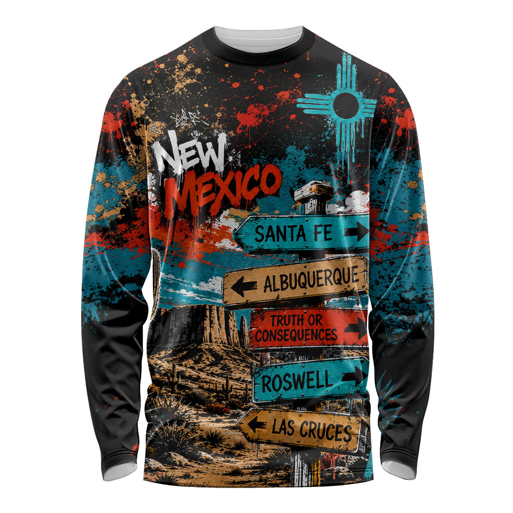 New Mexico Desert Road Sign Long Sleeve Shirt Zia Symbol Grunge Paint Splatter Travel Graphic