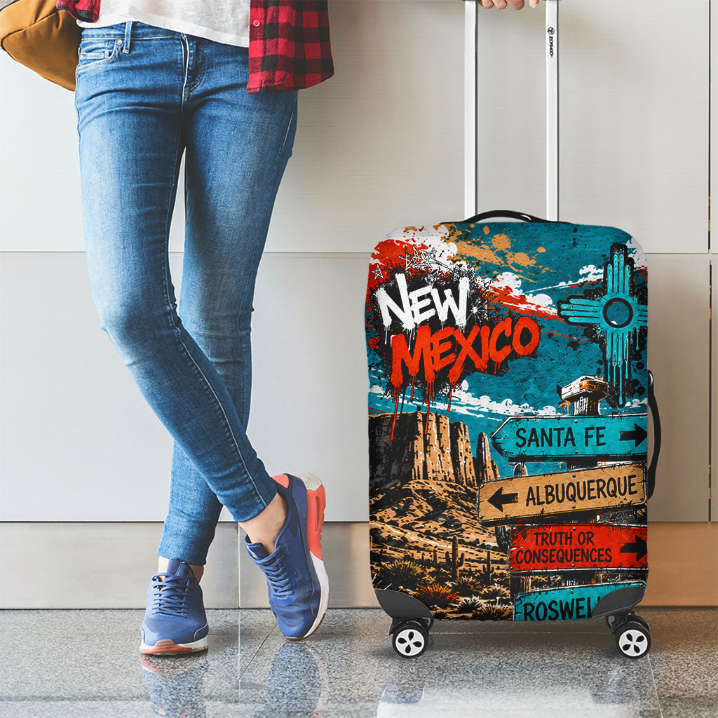 New Mexico Desert Road Sign Luggage Cover Zia Symbol Grunge Paint Splatter Travel Graphic